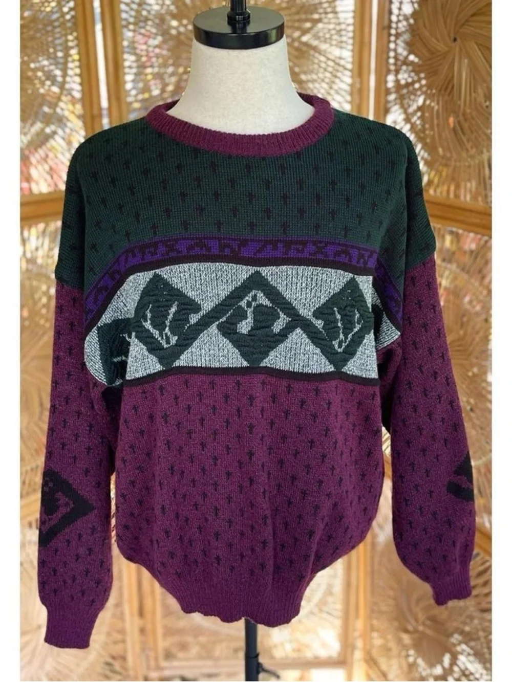 Vintage Nuovo New Forces Retro 80s 90s Acrylic Wool Golf Sweater Maroon Green